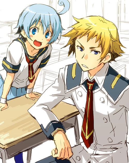 1girl, :d, ahoge, bad_id, blonde_hair, blue_eyes, blue_hair, blush