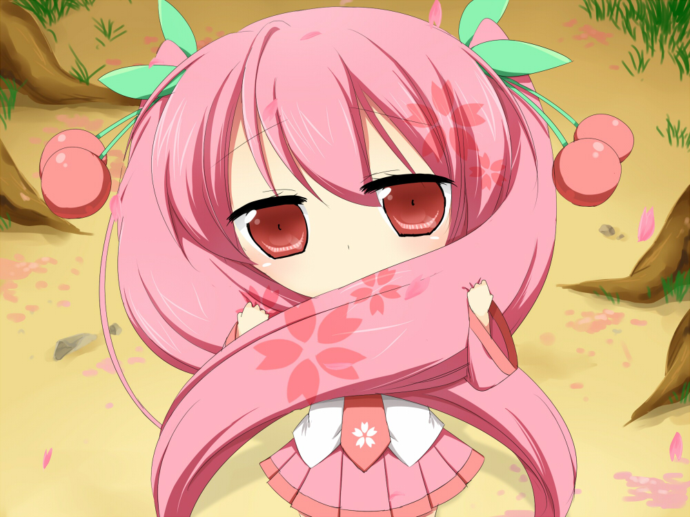 cherry, chibi, covering_mouth, food, fruit, hair_tussle, hatsune_miku, long_hair