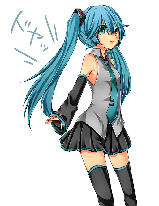 aqua_eyes, aqua_hair, detached_sleeves, hatsune_miku, long_hair, mil2, necktie, simple_background