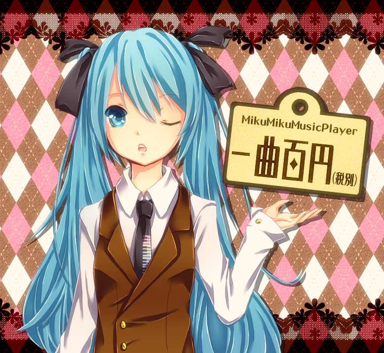 aqua_eyes, aqua_hair, argyle, argyle_background, hatsune_miku, long_hair, mil2, necktie