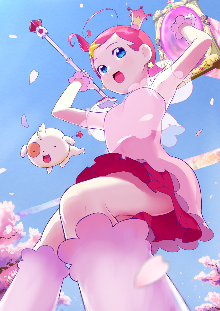 ahoge, armpits, arms_up, blue_eyes, blue_sky, boots, cherry_blossoms, cojibou