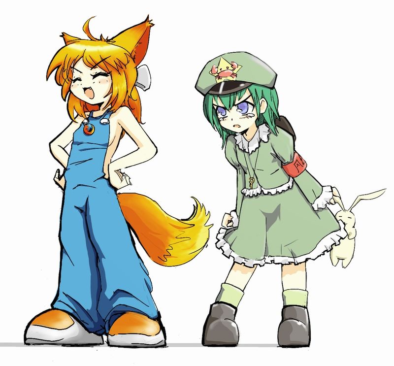 2girls, angry, animal_ears, armband, blue_eyes, bunny, crab, firefox