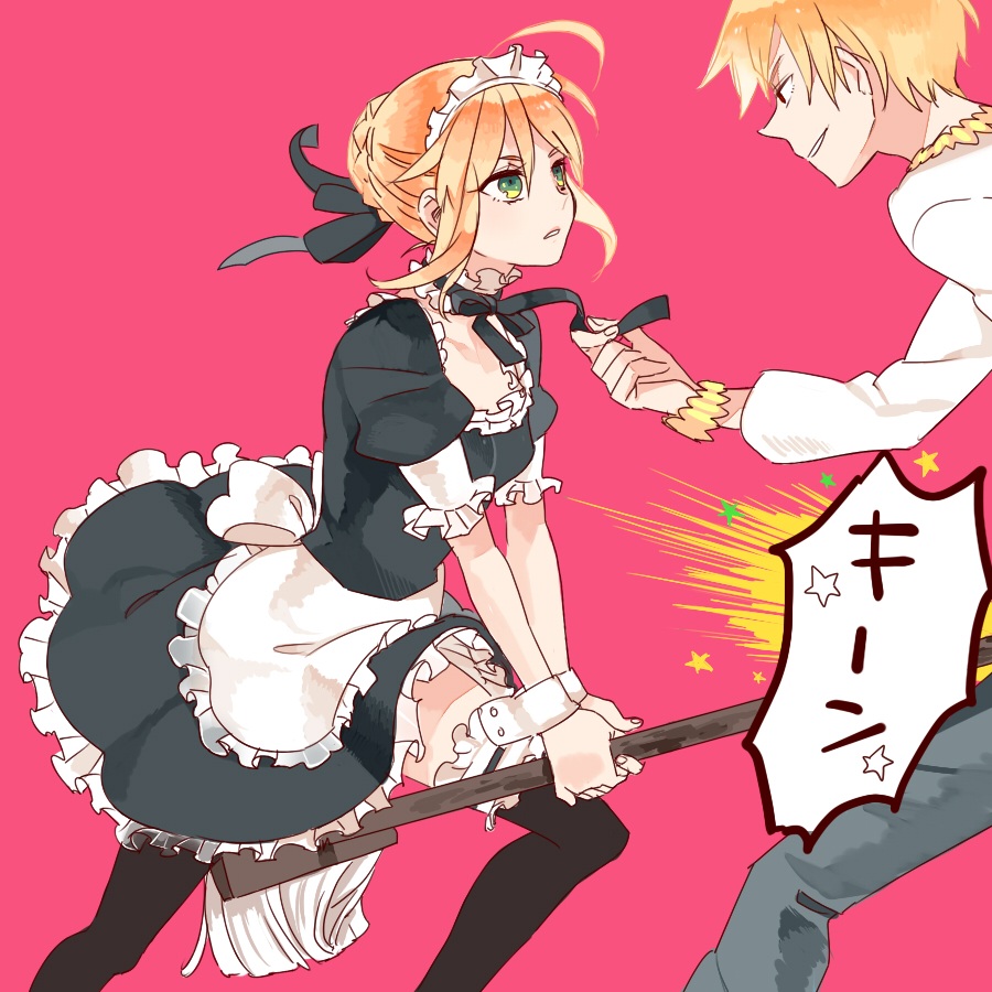 1girl, ahoge, black_legwear, blonde_hair, broom, buun_ko, fate/stay_night, fate/zero