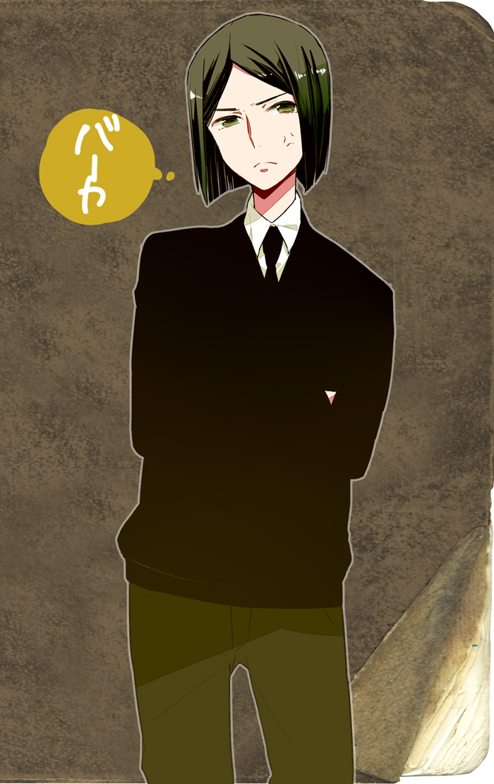 anger_vein, bangs, bob_cut, brown_background, brown_hair, crossed_arms, fate/zero, fate_(series), green_eyes, green_hair, male, necktie, parted_bangs, solo, wagimocco, waver_velvet