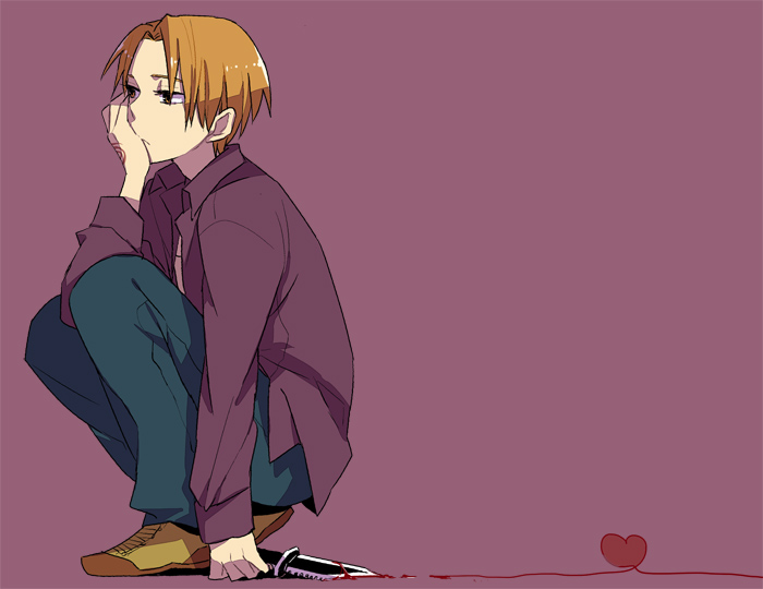 black_eyes, blood, brown_eyes, fate/zero, fate_(series), heart, heart_of_string, jacket, knife, male, orange_hair, purple_jacket, solo, uryuu_ryuunosuke, wagimocco