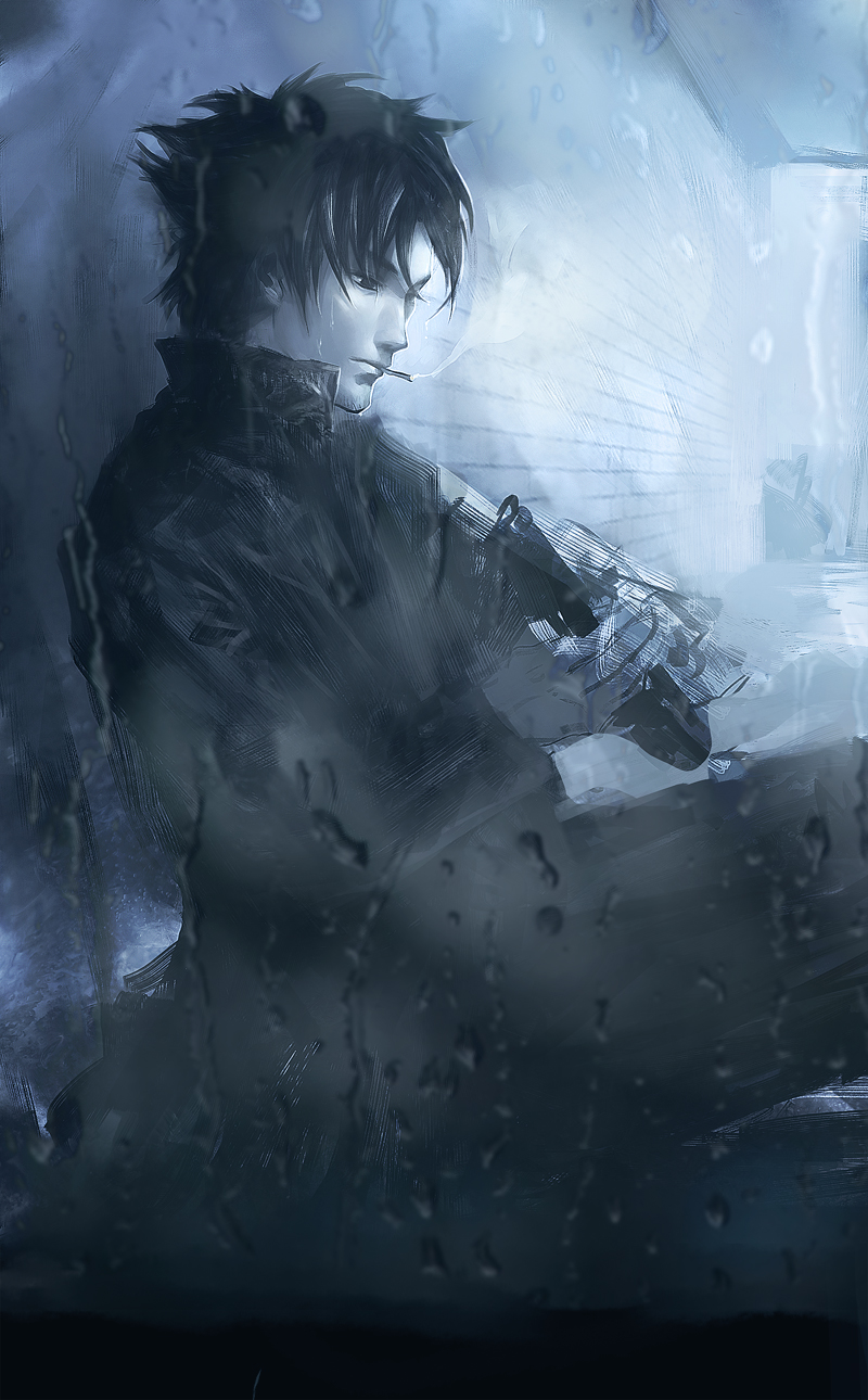black_eyes, black_hair, blue, cigarette, emiya_kiritsugu, facial_hair, fate/zero, fate_(series)