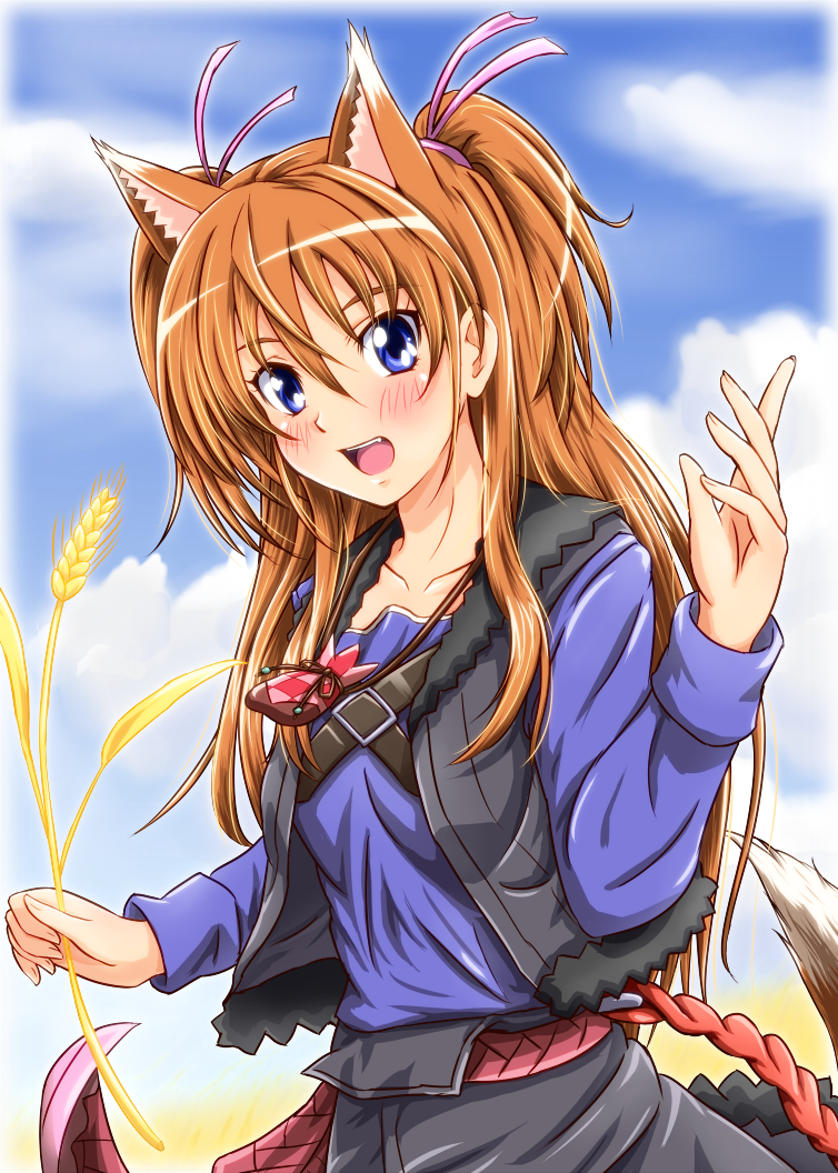 animal_ears, blue_eyes, blush, brown_hair, cosplay, diesel-turbo, holo, holo_(cosplay)