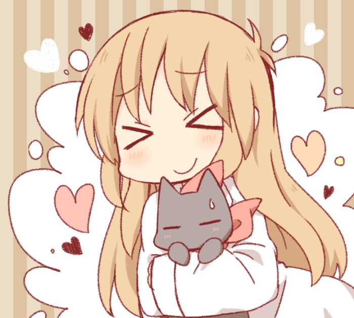 >_<, =_=, blush, blush_stickers, cat, child, closed_eyes, daitirumoesu, eyes_closed, hakase_(nichijou), heart, hug, labcoat, long_hair, long_sleeves, nichijou, orange_hair, professor_shinonome, sakamoto_(nichijou), sleeves_past_wrists, smile, sweatdrop