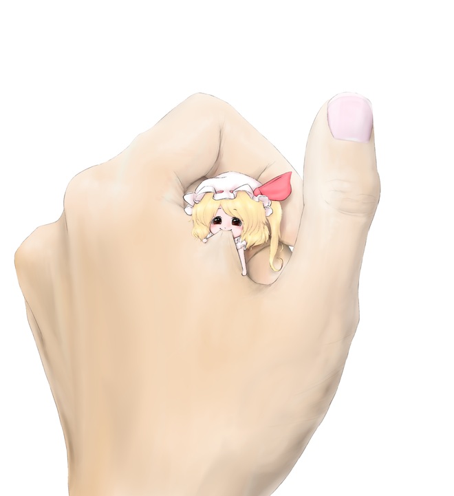 biting, blonde_hair, bow, cait-sith, chibi, flandre_scarlet, hands, hat