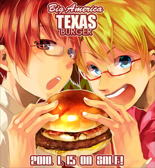 2girls, america_(hetalia), axis_powers_hetalia, blonde_hair, blue_eyes, cosmo_(artist), english, food