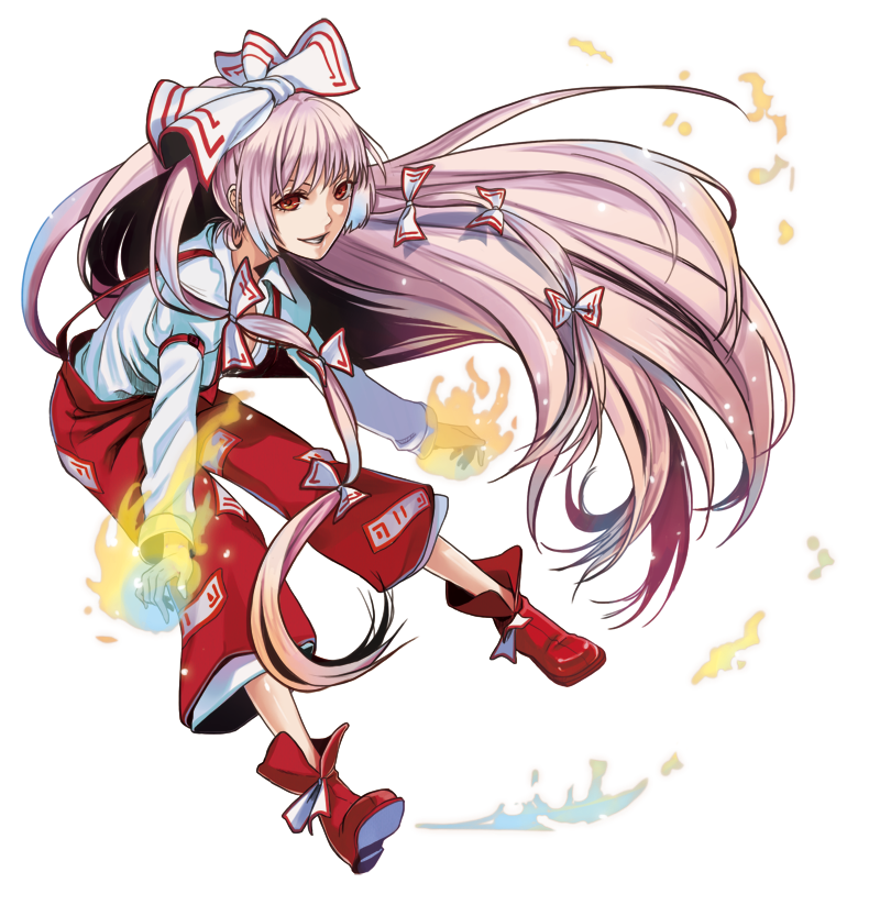 armband, boots, bow, dress_shirt, ears, eyelashes, fire, fujiwara_no_mokou