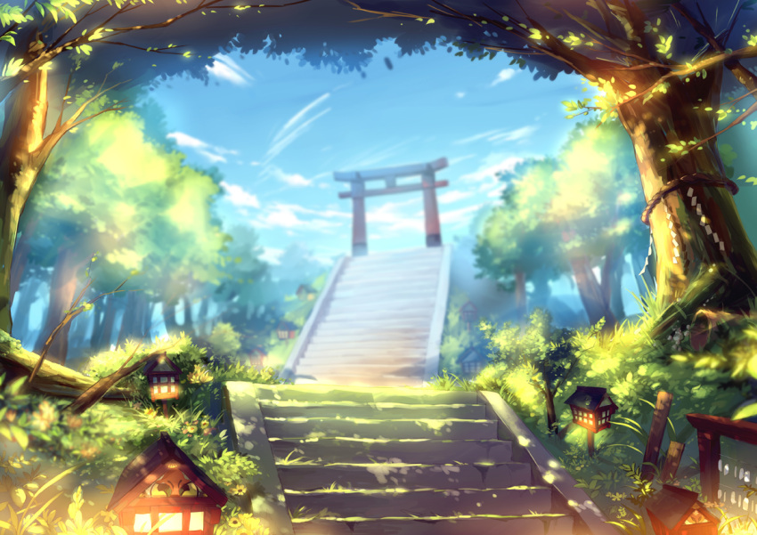 cloud, east_asian_architecture, ladder, lantern, no_humans, original, outdoors, plant