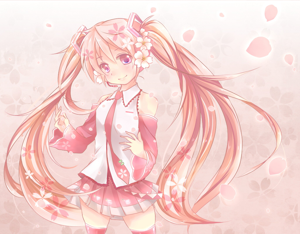 alternate_color, alternate_hair_color, bare_shoulders, cherry_blossoms, detached_sleeves, flower, food, fruit, hair_flower, hair_ornament, hatsune_miku, headset, long_hair, necktie, object_namesake, petals, pink_eyes, pink_hair, sakura_miku, shiroton, skirt, smile, solo, thigh-highs, thighhighs, twintails, very_long_hair, vocaloid, zettai_ryouiki