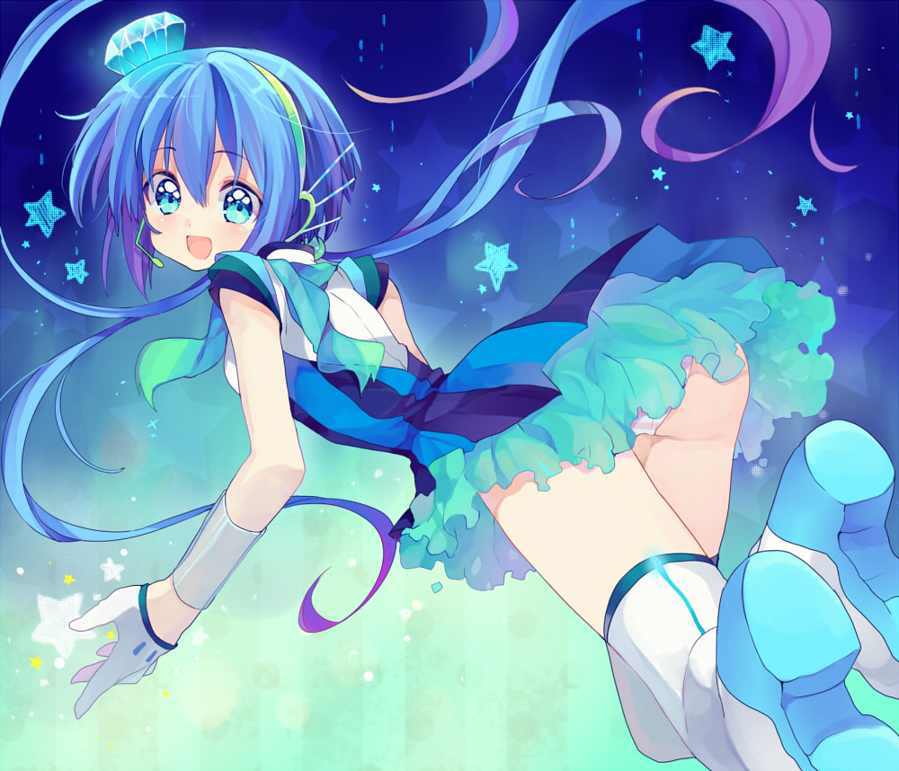aoki_lapis, blue_eyes, blue_hair, diamond, gloves, hair_ornament, headset, hyerry