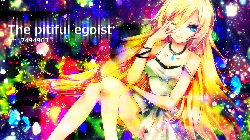 1280x720, bad_id, bare_shoulders, blonde_hair, blue_eyes, dress, lily_(vocaloid), long_hair, looking_at_viewer, necklace, sazanami_shione, sleeveless, sleeveless_dress, solo, very_long_hair, vocaloid, wince
