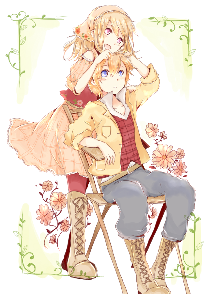 1girl, belt, blonde_hair, blue_eyes, boots, chair, character_request, dress, flower, harvest_moon, harvest_moon:_the_tale_of_two_towns, harvest_moon_twin_villages, purple_eyes, violet_eyes, xxxx_saki