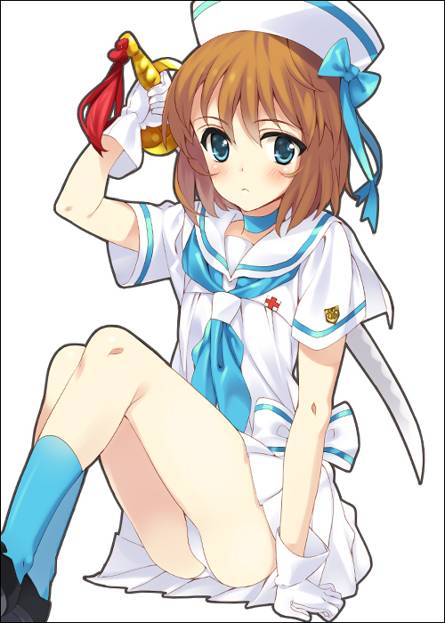 blue_eyes, blush, bow, brown_hair, choker, dixie_cup_hat, drake_(eiyuu_senki), eiyuu_senki, francis_drake_(eiyuu_senki), gloves, hat, mizuki_makoto, panties, sailor, sailor_hat, short_hair, sitting, skirt, solo, sword, underwear, weapon