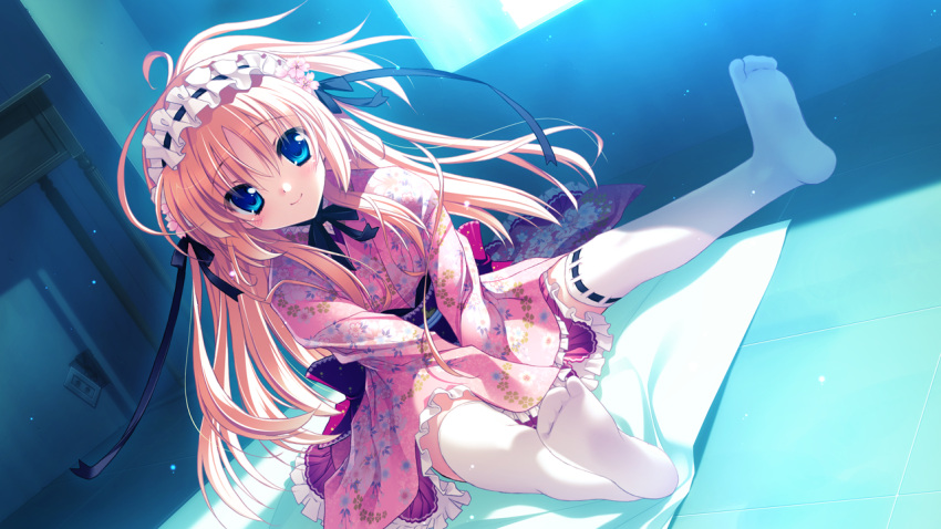 artist_request, blonde_hair, blue_eyes, character_request, dutch_angle, hatsuyuki_sakura, headdress, indoors