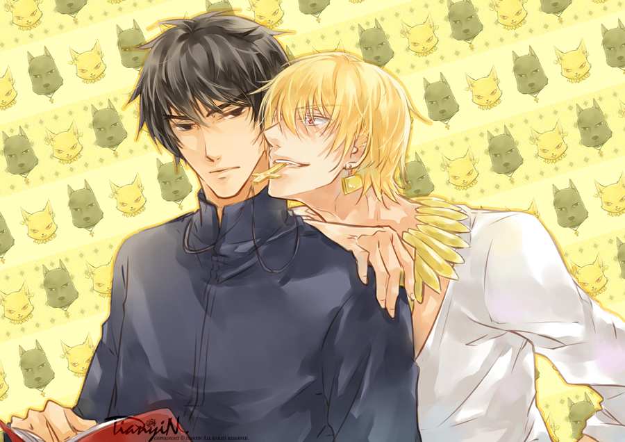 black_eyes, black_hair, blonde_hair, book, cross, cross_necklace, fate/zero, fate_(series), gilgamesh, jewelry, kotomine_kirei, male, multiple_boys, necklace, red_eyes, tianyin