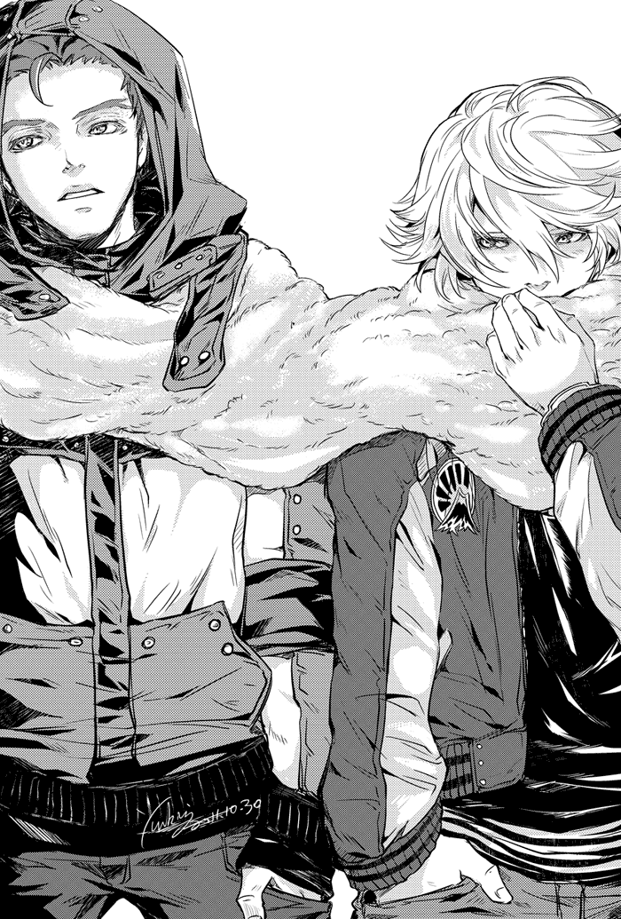 dated, edward_keddy, greyscale, hikagami_yukiri, hoodie, ivan_karelin, letterman_jacket, male