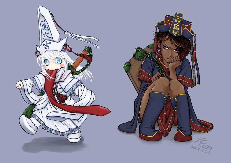 antaria, black_hair, blue_eyes, blush_stickers, brown_eyes, chain, chains, chibi, chin_rest, chinese, chinese_clothes, dark_skin, dated, death_(entity), earrings, fan_wu-jiu, genderswap, hat, hei_bai_wuchang, jewelry, long_hair, long_tongue, multiple_girls, original, pale_skin, signature, simple_background, sitting, tongue, tongue_out, white_hair, xie_bi-an