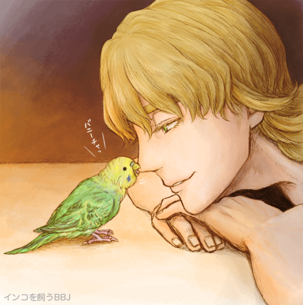 barnaby_brooks_jr, bird, blonde_hair, green_eyes, nose_bite, parakeet, parrot, tiger_&amp;_bunny