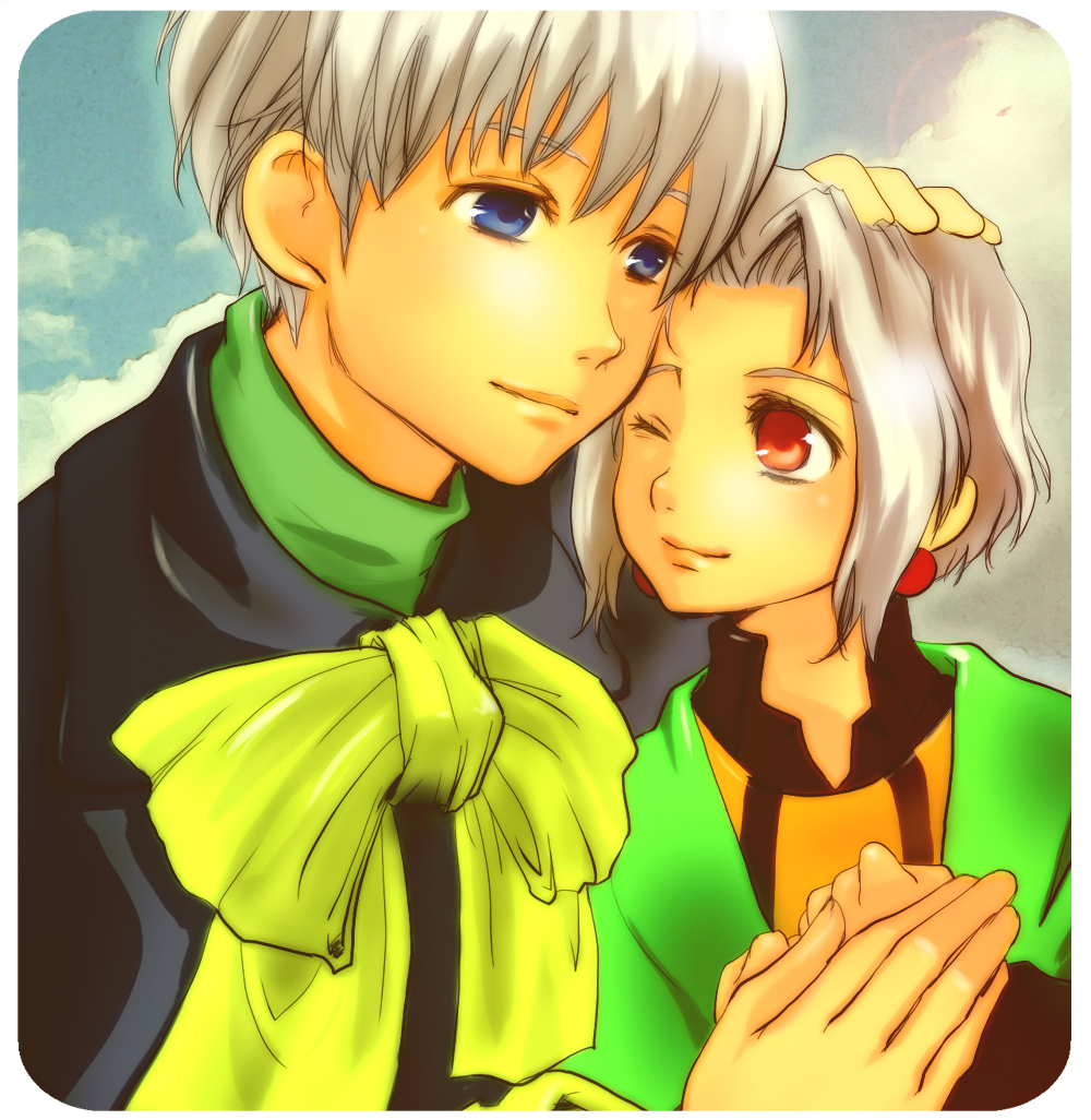 brother_and_sister, earrings, jewelry, primera_black, red_eyes, short_hair, siblings, tooha