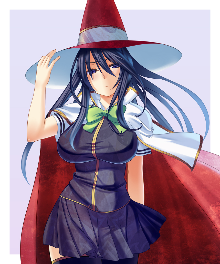 blue_eyes, blue_hair, border, bow, breasts, cape, hat, kagari_ayaka
