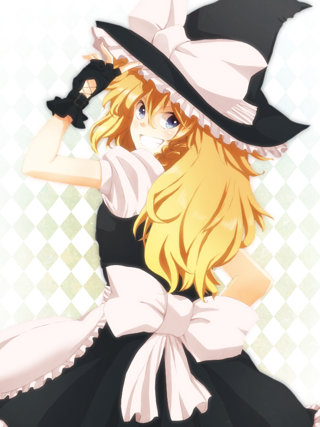 apron, arm_up, black_dress, black_gloves, blonde_hair, blue_eyes, braid, dress, fingerless_gloves, gloves, grin, hat, hat_ribbon, kiitos12, kirisame_marisa, long_hair, ribbon, shirt, smile, solo, touhou, turning, waist_apron, witch, witch_hat