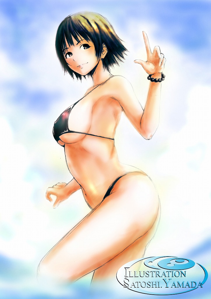 black_eyes, black_hair, original, pointing, pointing_up, short_hair, swimsuit, yamada_satoshi