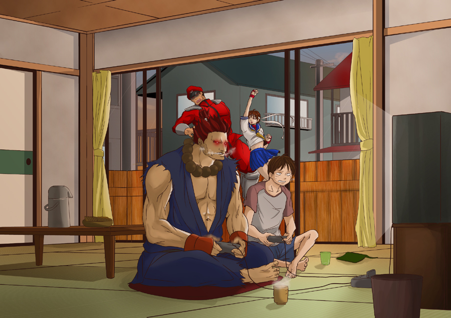 3boys, abs, battle, beads, brother_and_sister, cup, dougi, fullmonty, glowing, glowing_eyes, gouki, hat, headband, indian_style, kasugano_sakura, kasugano_tsukushi, kettle, kote, midriff, multiple_boys, muscle, peaked_cap, playing_games, prayer_beads, red_eyes, red_hair, redhead, school_uniform, serafuku, siblings, sitting, street_fighter, street_fighter_zero, street_fighter_zero_ii, super_famicom, tan, tatami, teacup, television, topknot, vega