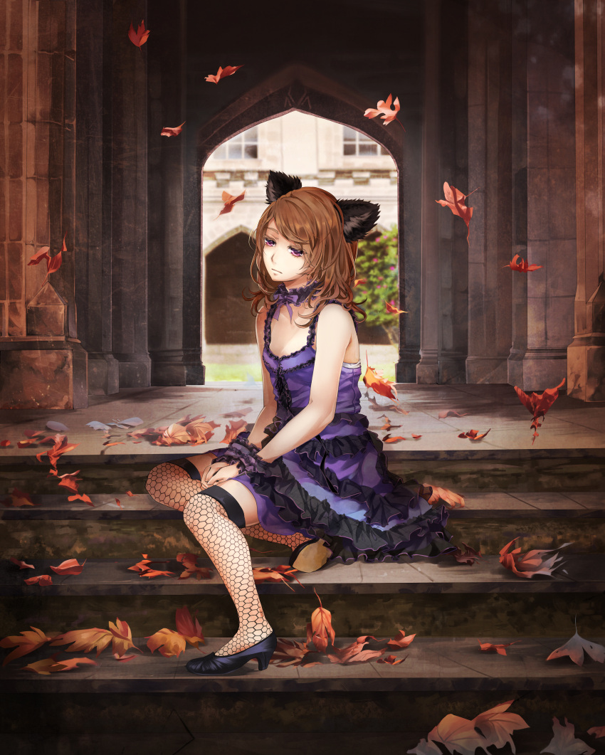 absurdres, autumn, brown_hair, cat_ears, choker, dress, high_heels, leaves