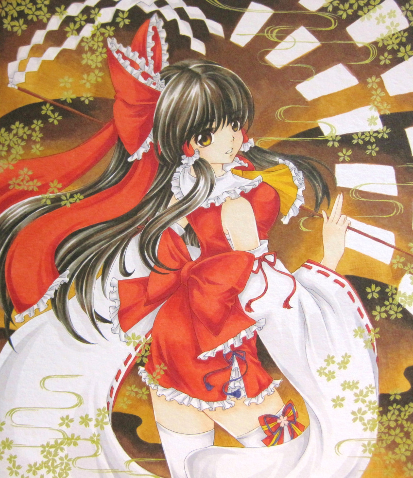 absurdres, acrylic_paint_(medium), bow, bow_legwear, bow_thighhighs, brown_eyes, brown_hair, detached_sleeves