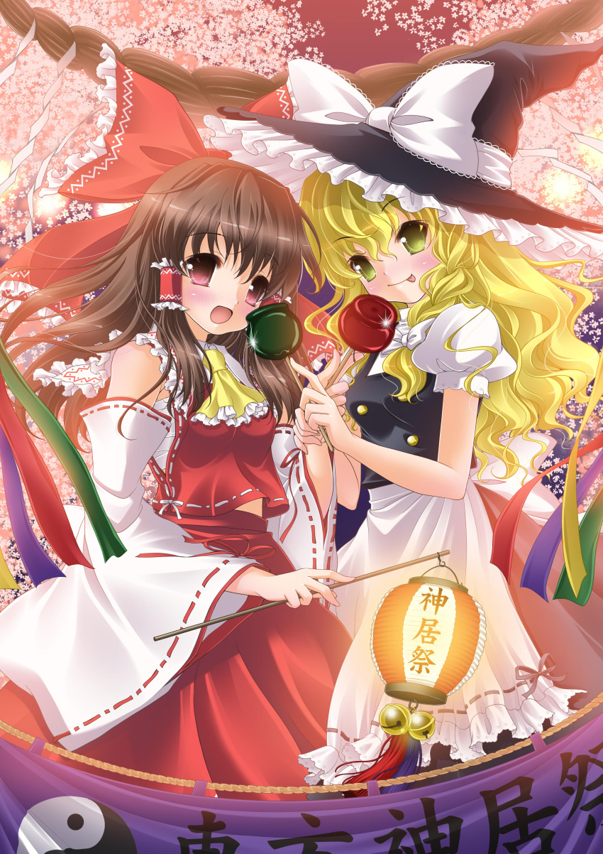 :p, absurdres, apron, ascot, bell, blonde_hair, blush, bow, braid, brown_hair, candy_apple, detached_sleeves, flower, hair_bow, hair_tubes, hakurei_reimu, hat, hat_bow, highres, jingle_bell, kirisame_marisa, lantern, miko, multiple_girls, nabepro, open_mouth, sarashi, shimenawa, single_braid, skirt, skirt_set, tongue, touhou, waist_apron, witch, witch_hat, yin_yang