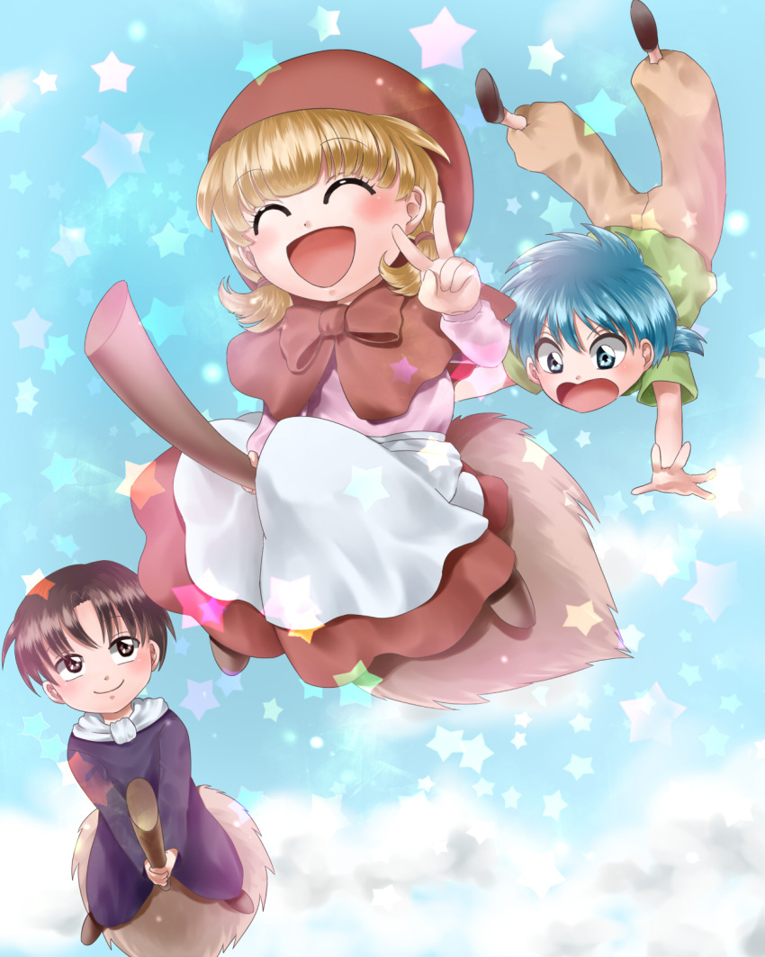 2boys, akazukin_chacha, blonde_hair, blue_eyes, blue_hair, broom, broom_riding, brown_eyes