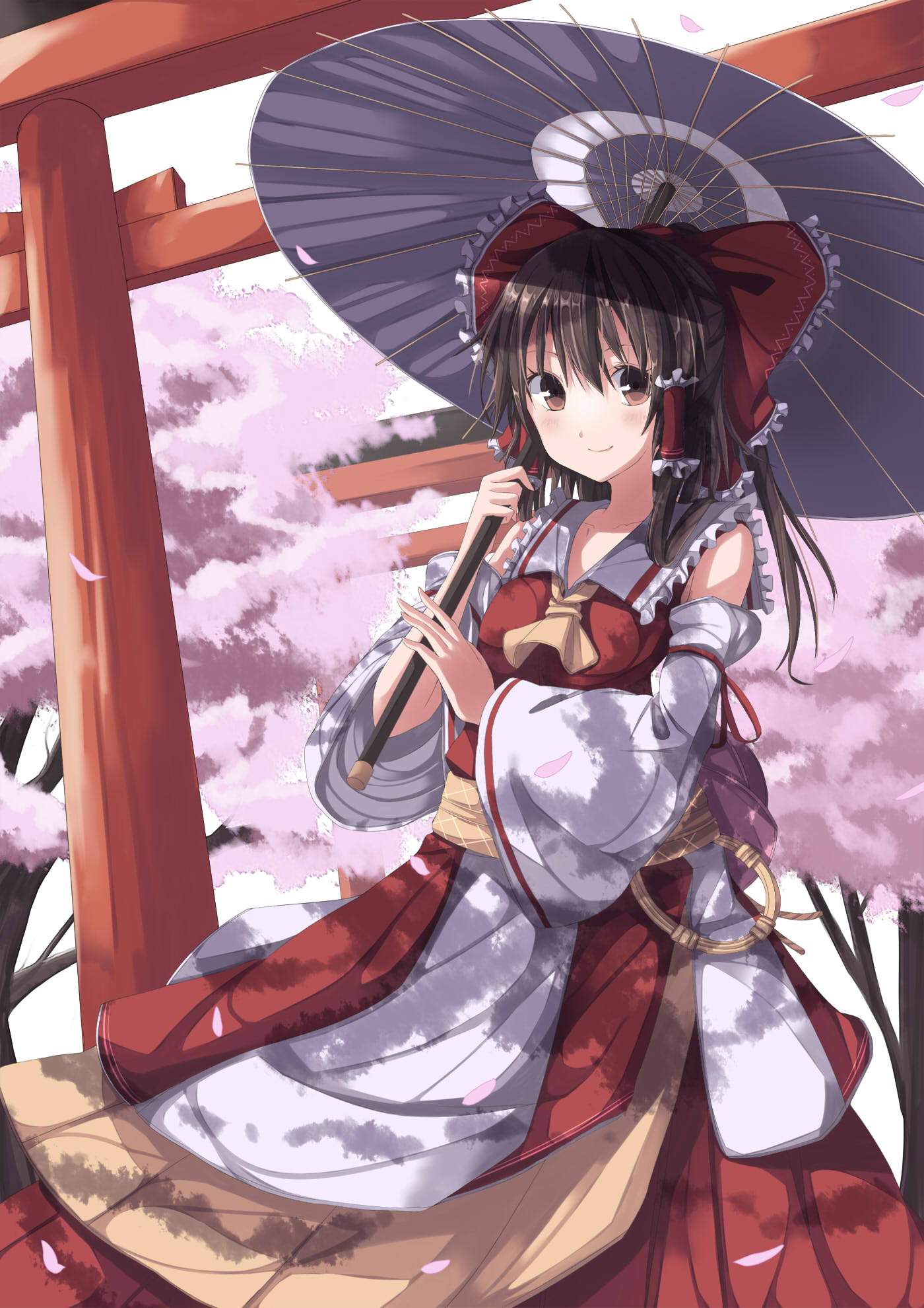 adapted_costume, ascot, bare_shoulders, bow, brown_eyes, brown_hair, cherry_blossoms, detached_sleeves
