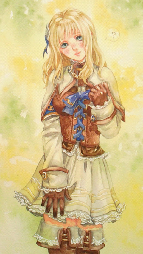 ?, blonde_hair, blue_eyes, blush, bodice, boots, gloves, hair_ornament