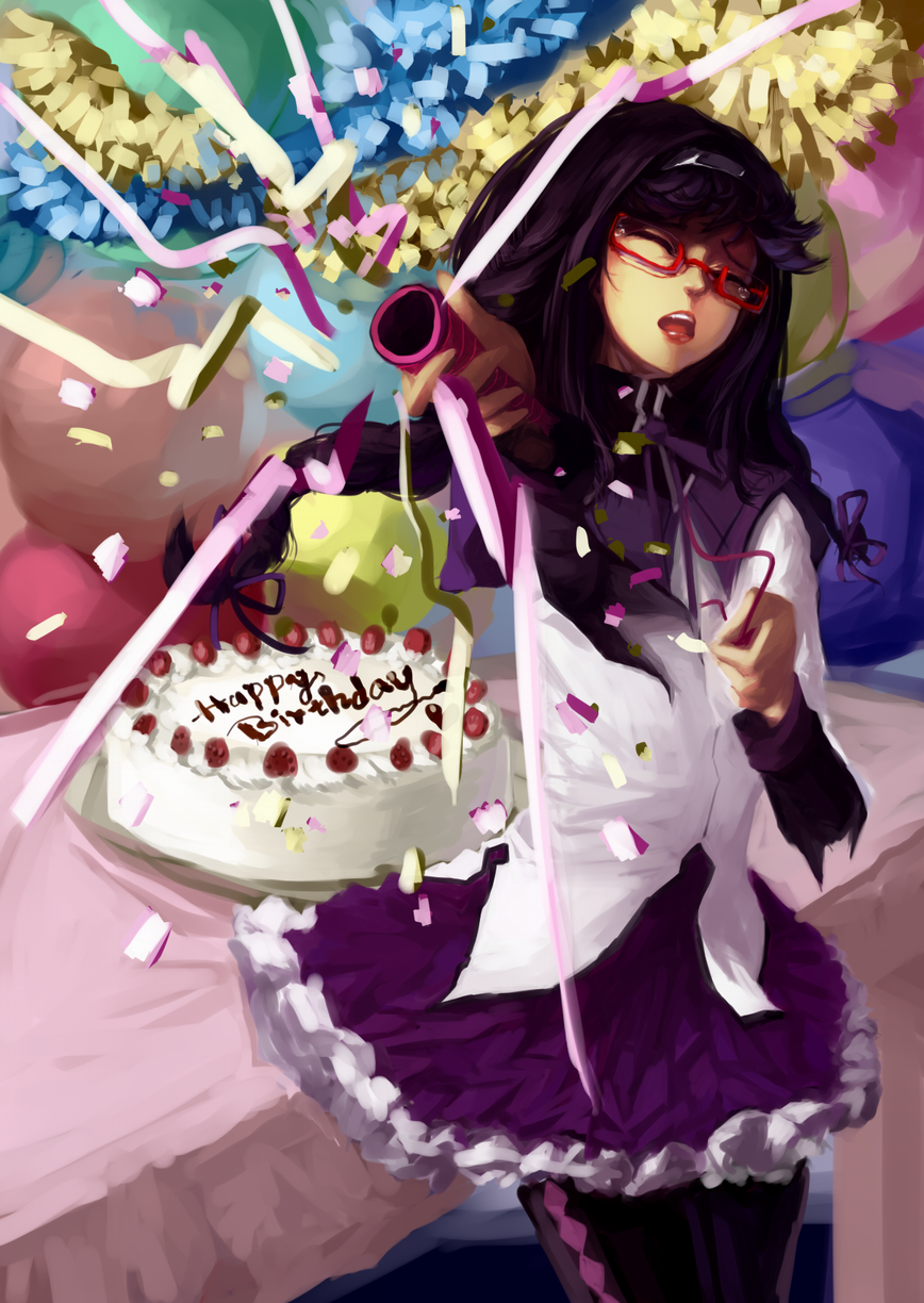 akemi_homura, argyle, argyle_legwear, balloon, birthday, black_hair, black_legwear, blackrabbitsoul, braid, cake, food, glasses, hair_ribbon, hairband, highres, long_hair, magical_girl, mahou_shoujo_madoka_magica, pantyhose, party_favor, pleated_skirt, purple_eyes, red-framed_glasses, ribbon, skirt, solo, twin_braids, violet_eyes
