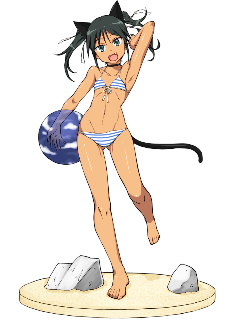 animal_ears, aqua_eyes, armpits, ball, barefoot, bikini, black_hair, cat_ears