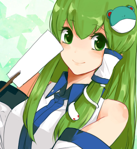 bad_id, breasts, bust, detached_sleeves, frog, frog_hair_ornament, gohei, green_eyes