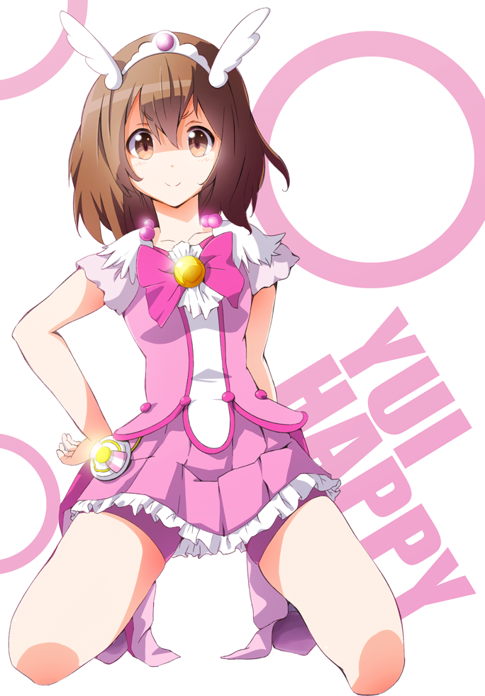 1girl, bike_shorts, brown_eyes, brown_hair, cosplay, cure_happy, cure_happy_(cosplay), hirasawa_yui