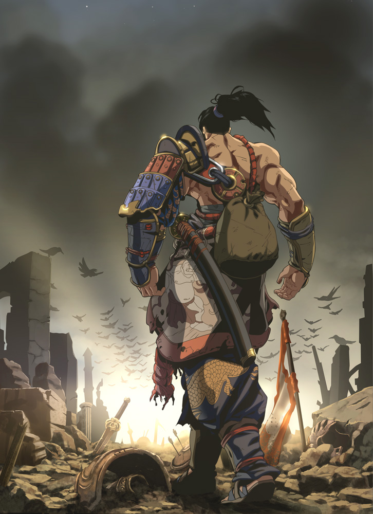 armor, bag, bird, collaboration, collateral_damage, crow, crystal_reid, duffel_bag, espeng, from_behind, joe_ng, katana, male, mitsurugi_heishirou, pauldrons, rubble, ruins, sheath, sheathed, solo, soul_calibur, soul_calibur_iv, soulcalibur, soulcalibur_iv, sword, udon_entertainment, vambraces, walking, weapon