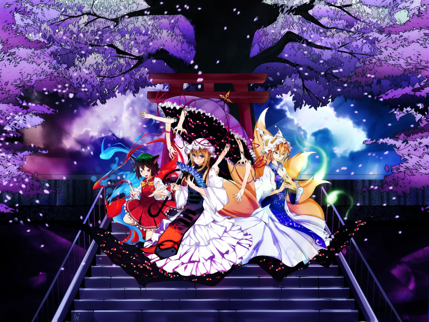:d, alxz, animal_ears, blonde_hair, brown_hair, cat_ears, chen, dress
