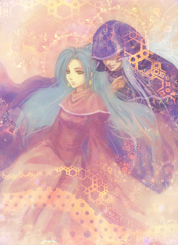 chrono_trigger, cloak, dress, duplicate, earrings, green_eyes, hood, jewelry