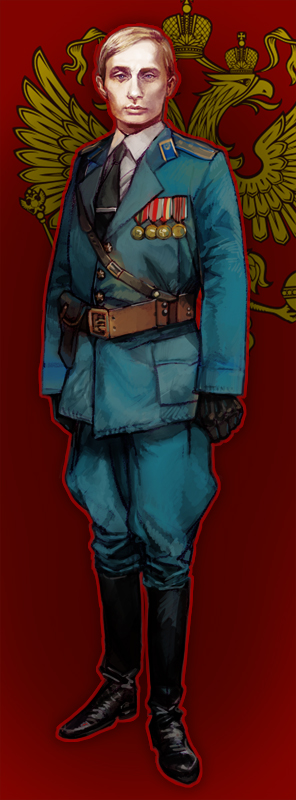 belt, blonde_hair, blue_eyes, boots, communism, copyright_request, expressionless, formal, gloves, kgb, looking_at_viewer, male, medal, military, necktie, realistic, russia, short_hair, solo, standing, suit, vladimir_putin, yurizuka_(sergeant_heart)