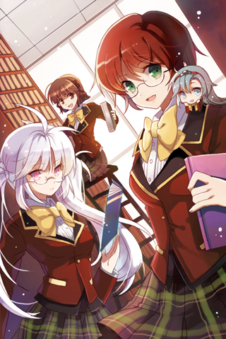 4girls, ahoge, amrita, aqua_eyes, aqua_hair, auburn_hair, blazer, blue_eyes, book, bookshelf, bow, brown_eyes, brown_hair, chibi, dress_shirt, girl_on_shoulder, glasses, green_eyes, hairband, hairclip, headband, indoors, ladder, library, long_hair, lowres, lucca, minigirl, multiple_girls, open_mouth, pink_eyes, plaid, plaid_skirt, pleated_skirt, red_hair, rednian, school_uniform, shirt, short_hair, skirt, sword_girls, twintails, white_hair