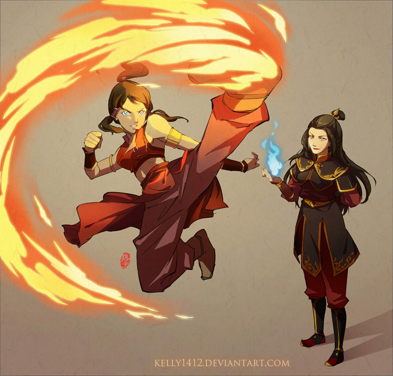 2girls, avatar:_the_last_airbender, avatar_legends, azula, black_hair, blue_eyes, blue_fire, breasts, chinese_clothes, dark_skin, fire, flying_kick, hair_tubes, kellylee, kicking, korra, long_hair, midriff, multiple_girls, the_legend_of_korra, time_paradox, topknot, vambraces, yellow_eyes