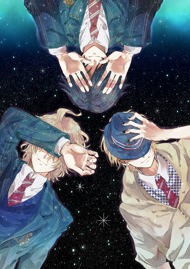 blazer, blonde_hair, blue_hair, circle_formation, hat, hito666_syou, ichinose_tokiya, kurusu_shou, male, multiple_boys, necktie, school_uniform, shinomiya_natsuki, short_hair, smile, space, star, uta_no_prince-sama
