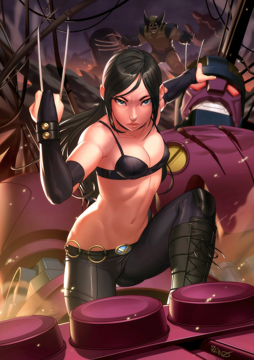 1girl, battle, black_hair, blue_eyes, boots, breasts, bridal_gauntlets, claws