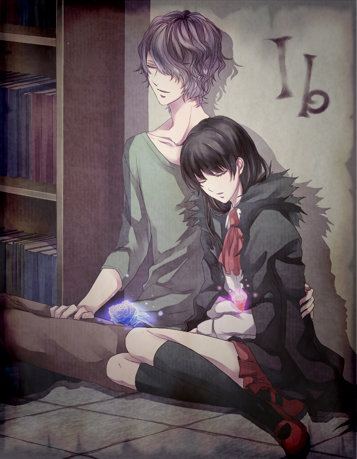 1girl, black_hair, blue_rose, closed_eyes, coat, eve_(ib), eyes_closed, flower